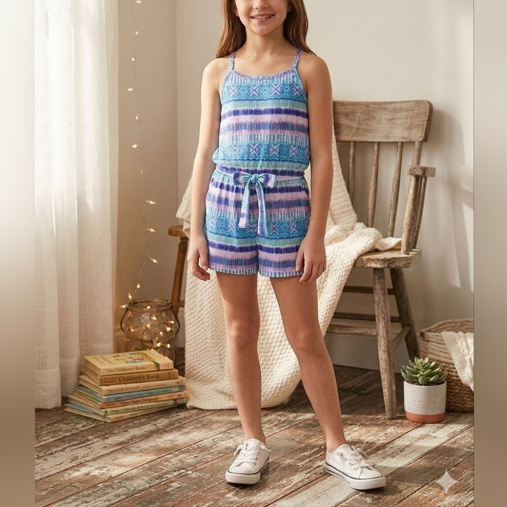 Kids Blue Geometric Sleeveless Romper Sizr 8/10 Medium Tie Waist New Copy ๐บ๐ฆ